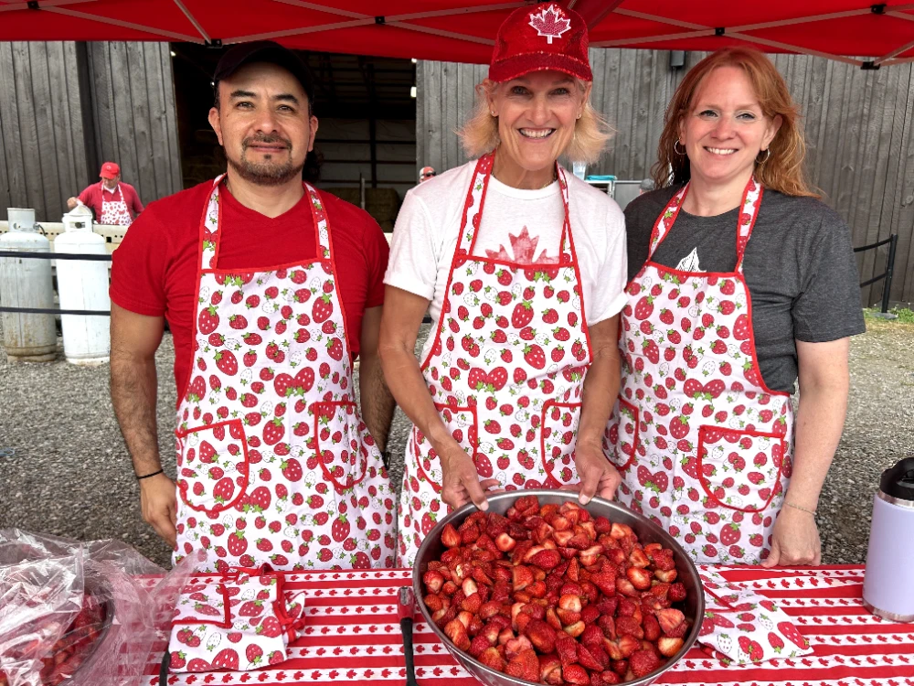 photo three people strawberry aprons holding bowl of strawberries canada